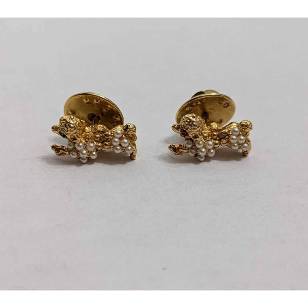 Dog Brooch Pin Poodle Signed Faux Pearl Vintage Fashion Retro Gold Tone 2 Pcs